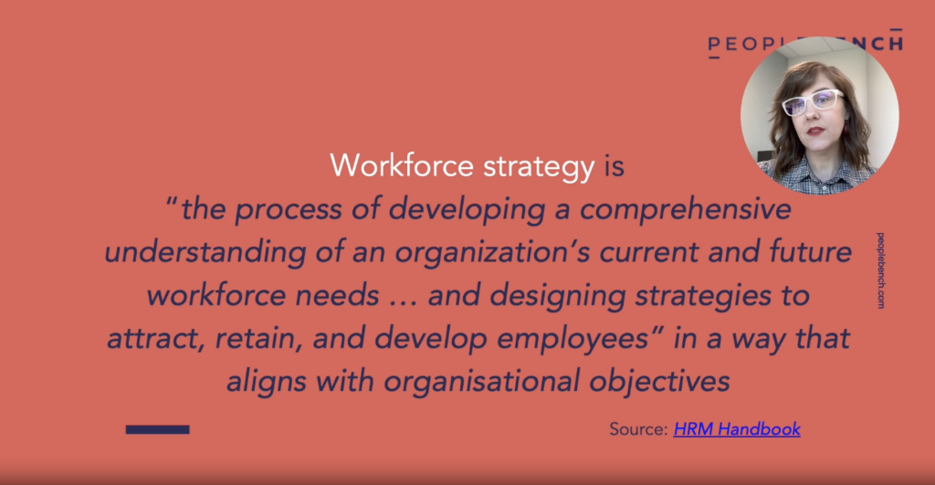 Image of a video poster with pink background and white words saying - What is workforce strategy and why is it so important?